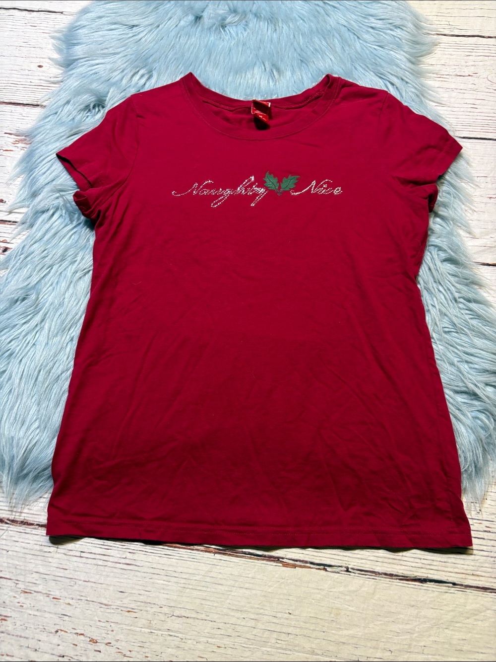 Target Holiday Naughty Nice Red Embellished Short Sleeve Tee sz M
